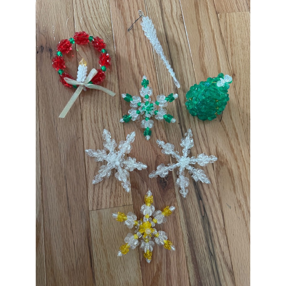 Vintage Beaded Christmas Ornaments Lot 7 Snowflake Wreath Tree Icicle Handmade